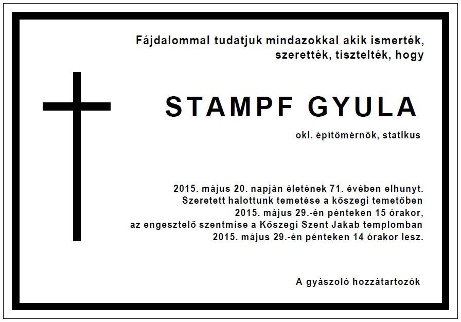 Stampf Gyula gyászjelentés
